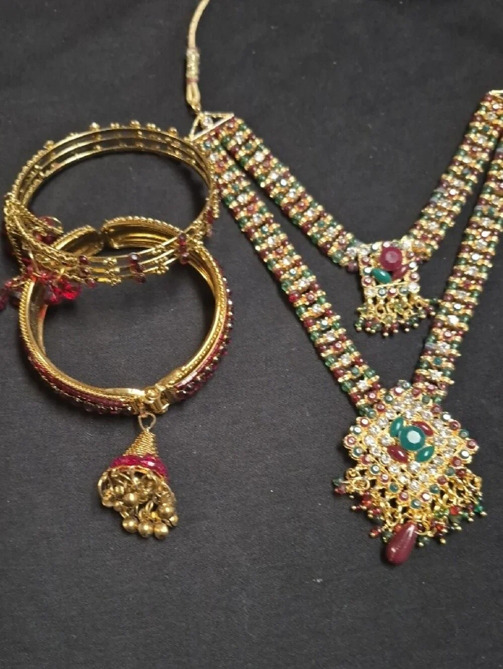 Gold-Tone Multicolor Kundan Necklace Set with Bangles - Pink & Green Accents